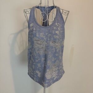 Alo Yoga Tank Top Blue White Clouds Racerback Sheer Distressed Weathered SZ S